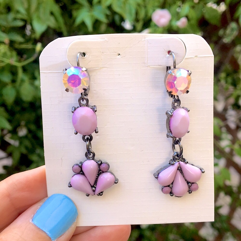 Lavender + Pink Opal Aurora Borealis Crystal Drop Statement Earrings - Picture 5 of 17